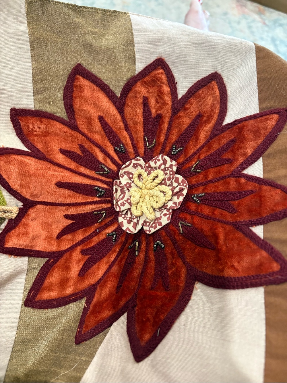 Pier 1 Striped Floral Table Runner in Brown green orange and Cream beads embroid - Picture 11 of 11